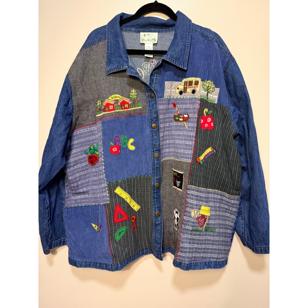 Vintage School Teacher The Quacker Factory Patchwork Denim Shirt 3X Embroidered